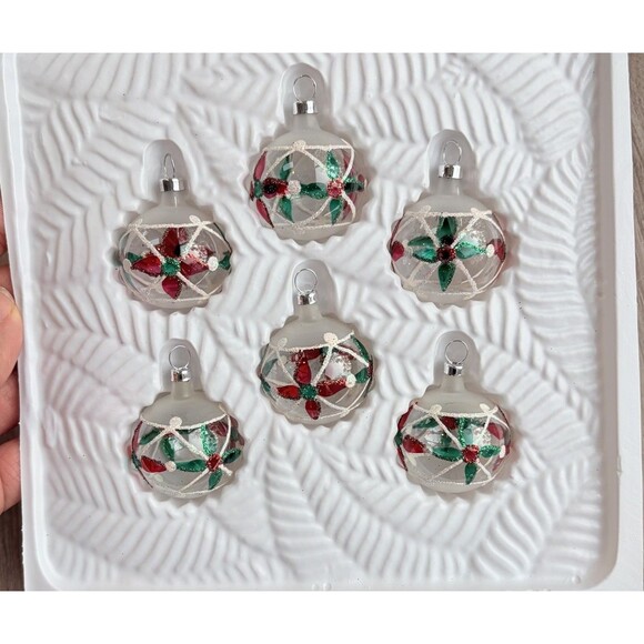 Vintage Christmas Trimmeries glass ornaments Hand Decorated Red Green Poinsettia - Picture 4 of 6